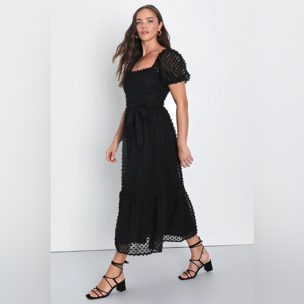 Dramatically Chic Black Clip Dot Puff Sleeve Midi… - image 6